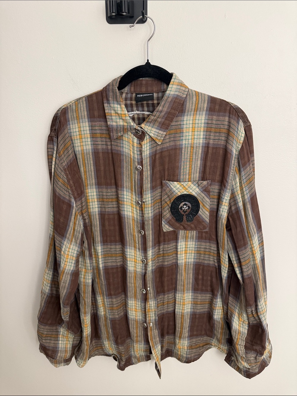 Brown Plaid Button-Down Casual Shirt with Chest Pocket